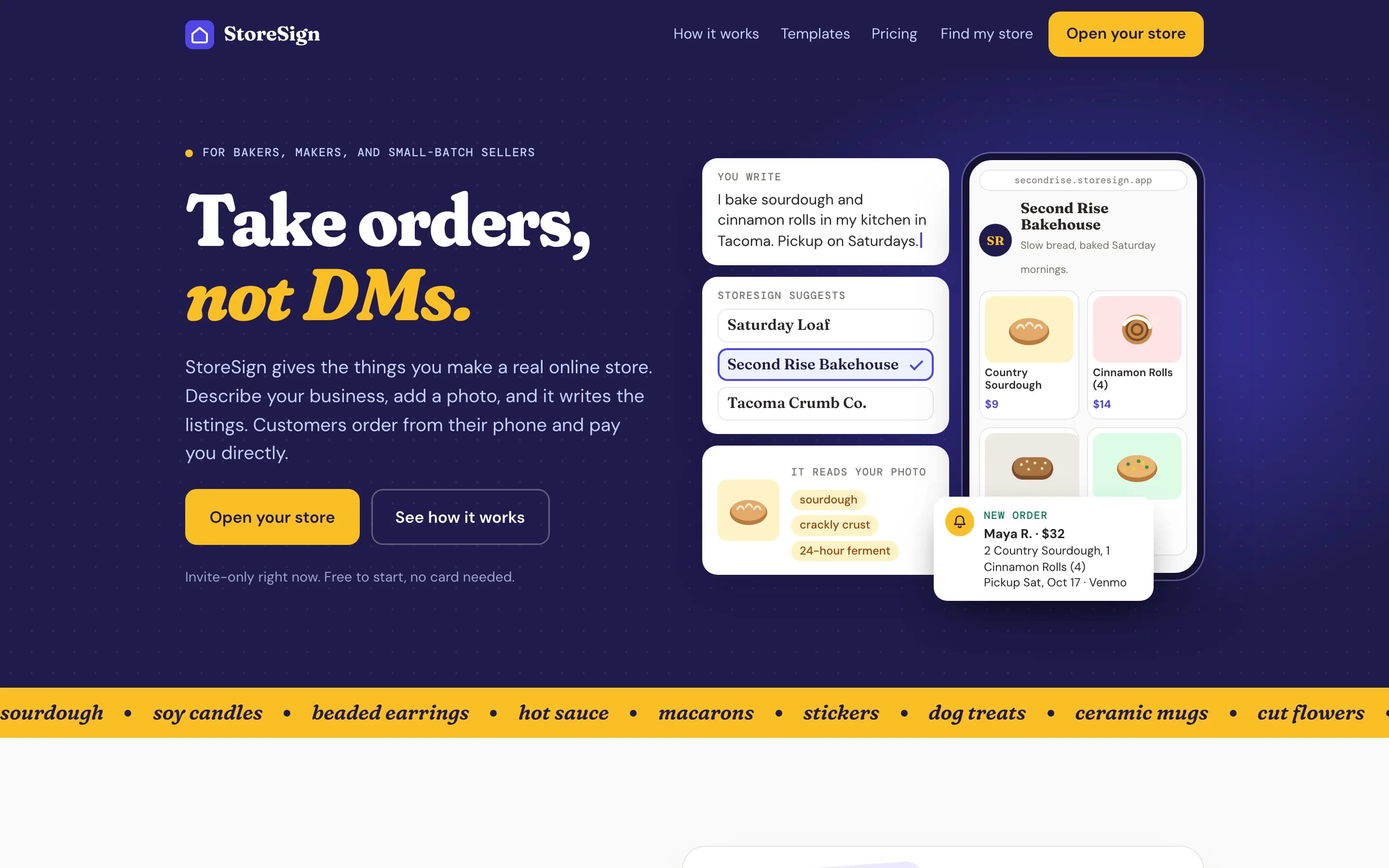 The top of storesign.app on a computer: Take orders, not DMs, beside an example bakery’s store on a phone and a new order.