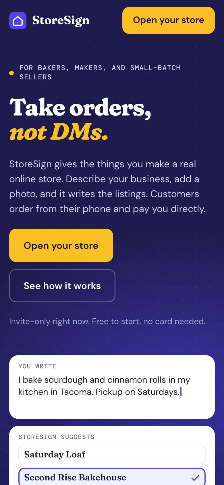 The top of storesign.app on a phone.